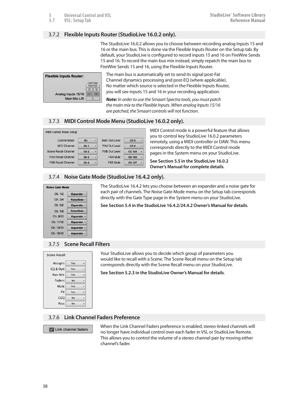 2 flexible inputs router, Studiolive 16.0.2 only). — 38, 3 midi control mode menu | 4 noise gate mode (studiolive 16.4.2, Only). — 38, 5 scene recall filters — 38, 6 link channel faders preference — 38 | PreSonus StudioLive 24.4.2 User Manual | Page 42 / 150
