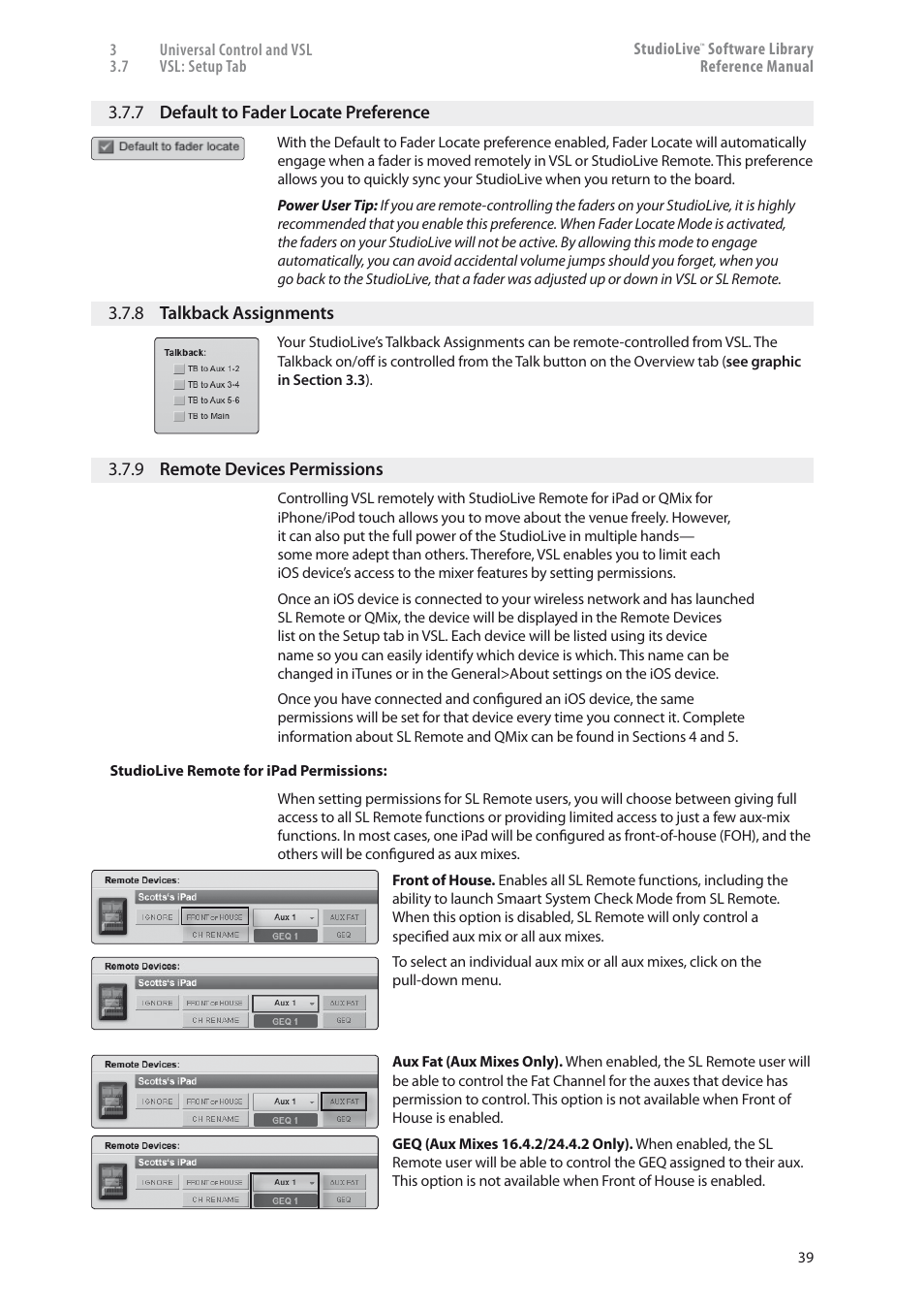 7 default to fader locate preference — 39, 8 talkback assignments — 39, 9 remote devices permissions — 39 | PreSonus StudioLive 24.4.2 User Manual | Page 43 / 150