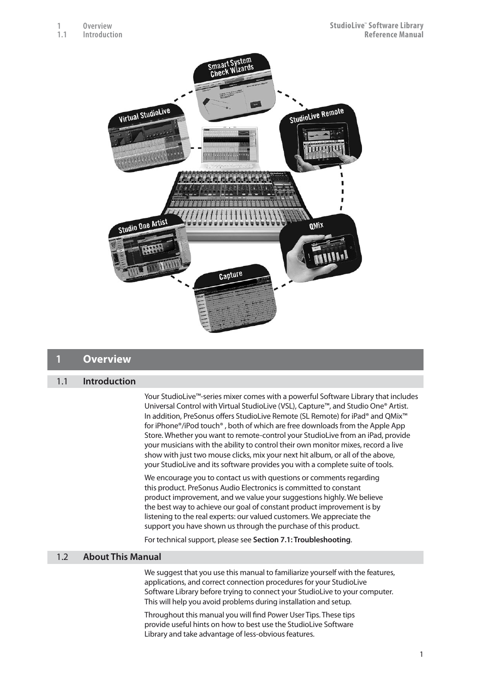 1 overview — 1, Introduction — 1, About this manual — 1 | 1 overview | PreSonus StudioLive 24.4.2 User Manual | Page 5 / 150