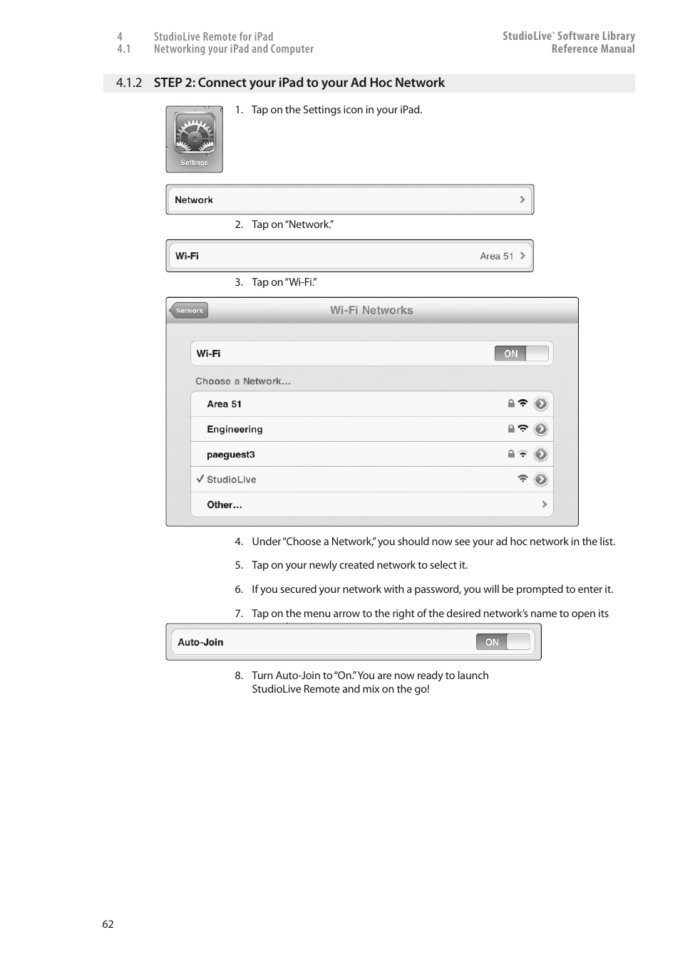 2 step 2: connect your ipad to, Your ad hoc network — 62 | PreSonus StudioLive 24.4.2 User Manual | Page 66 / 150