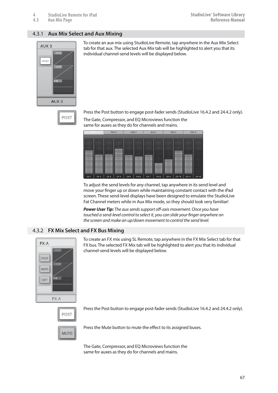 1 aux mix select and aux mixing, 2 fx mix select and fx bus mixing — 67 | PreSonus StudioLive 24.4.2 User Manual | Page 71 / 150