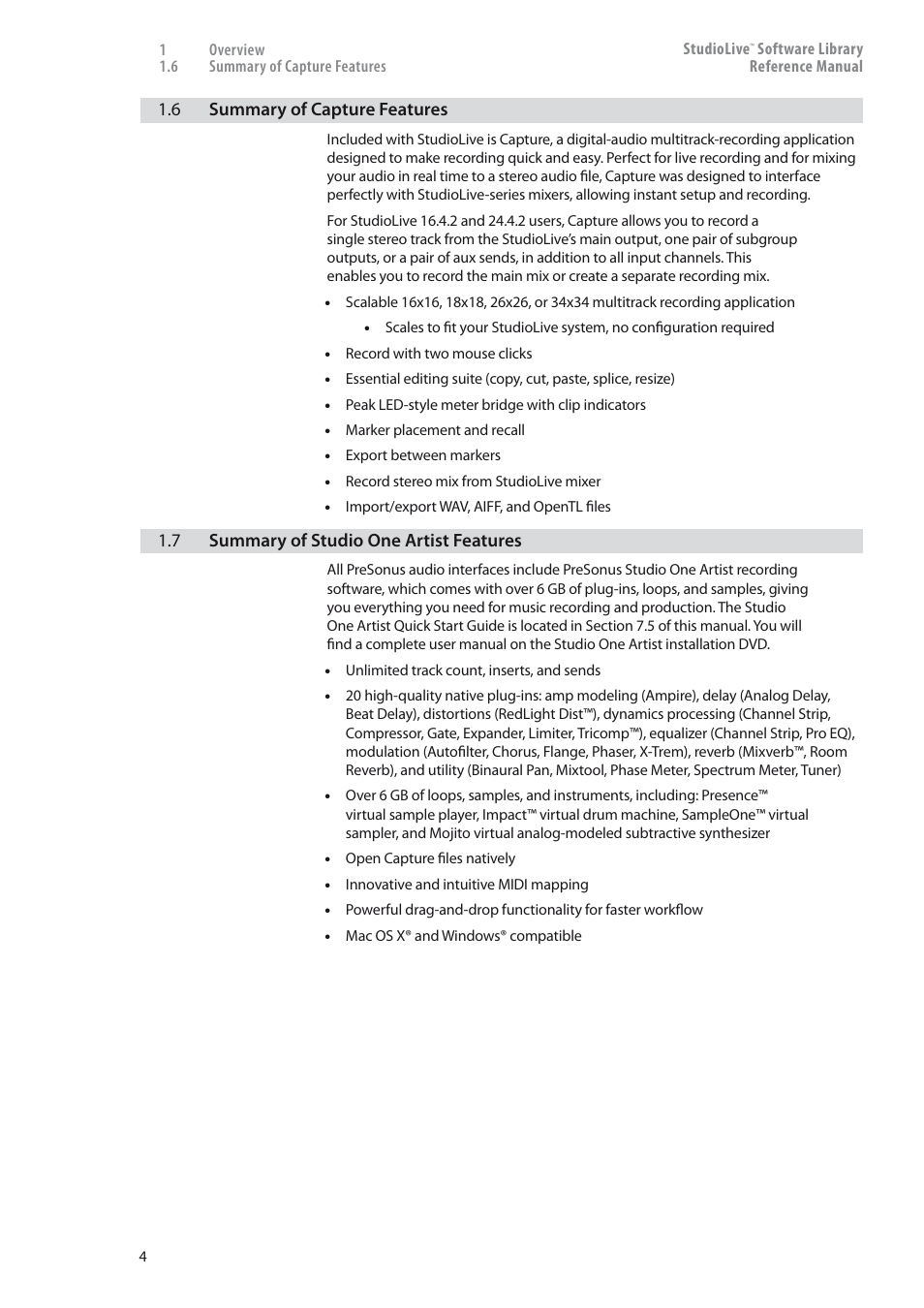 Summary of capture features — 4, Summary of studio one artist features — 4 | PreSonus StudioLive 24.4.2 User Manual | Page 8 / 150