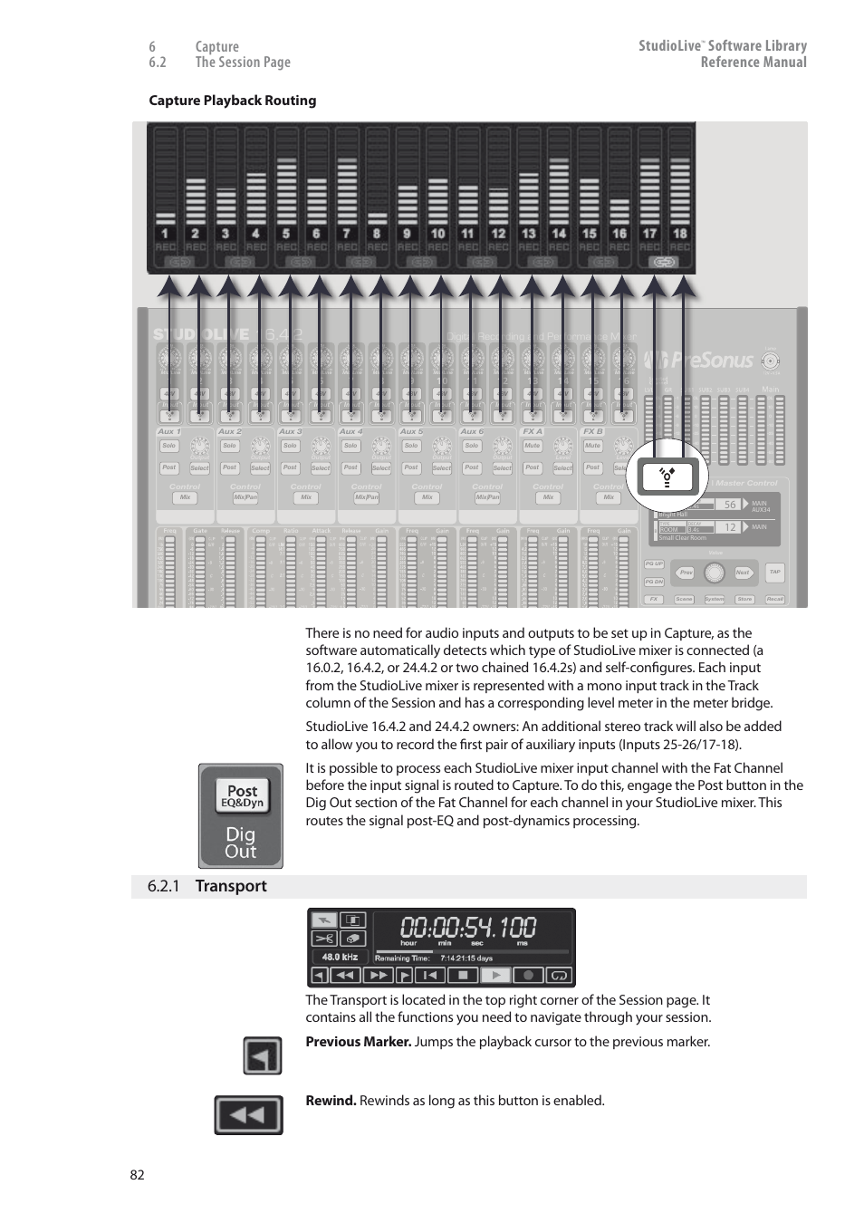 1 transport — 82, 1 transport, Studiolive 16.4.2 | 6 capture 6.2 the session page studiolive, Software library reference manual, Digital recording and performance mixer | PreSonus StudioLive 24.4.2 User Manual | Page 86 / 150