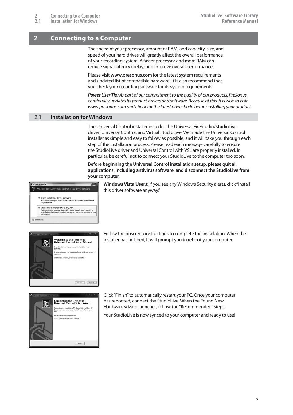 Connecting to a computer — 5, Installation for windows — 5, 2connecting to a computer | PreSonus StudioLive 24.4.2 User Manual | Page 9 / 150