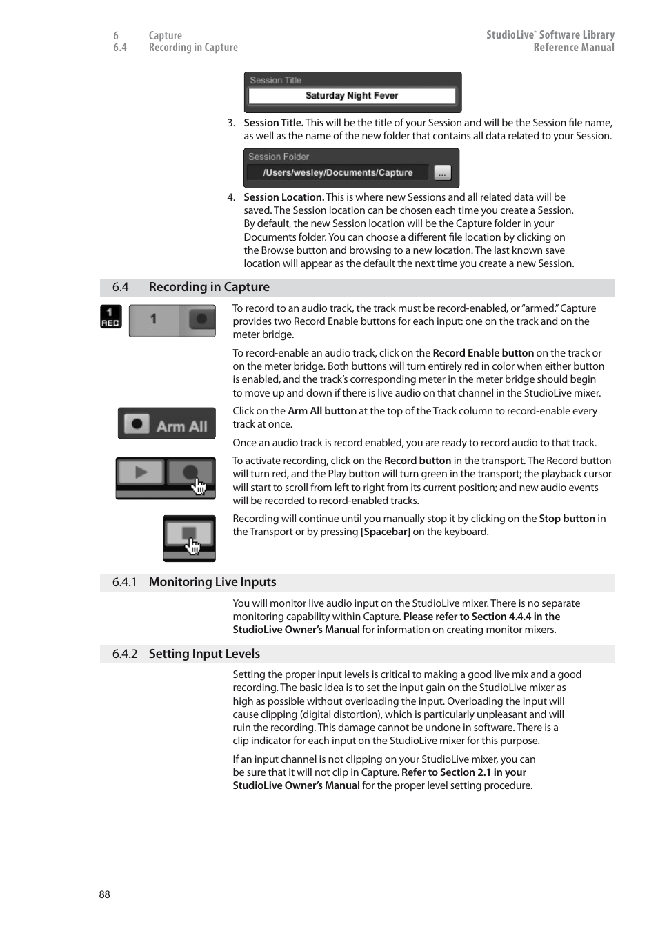 Recording in capture — 88, 1 monitoring live inputs — 88, 2 setting input levels — 88 | PreSonus StudioLive 24.4.2 User Manual | Page 92 / 150