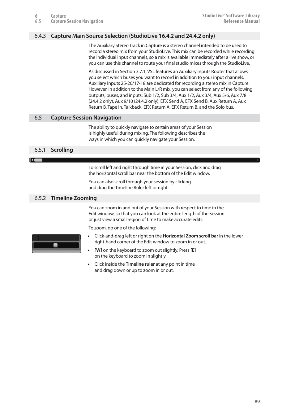 3 capture main source selection, Studiolive 16.4.2 and 24.4.2 only) — 89, Capture session navigation — 89 | 1 scrolling — 89, 2 timeline zooming — 89 | PreSonus StudioLive 24.4.2 User Manual | Page 93 / 150