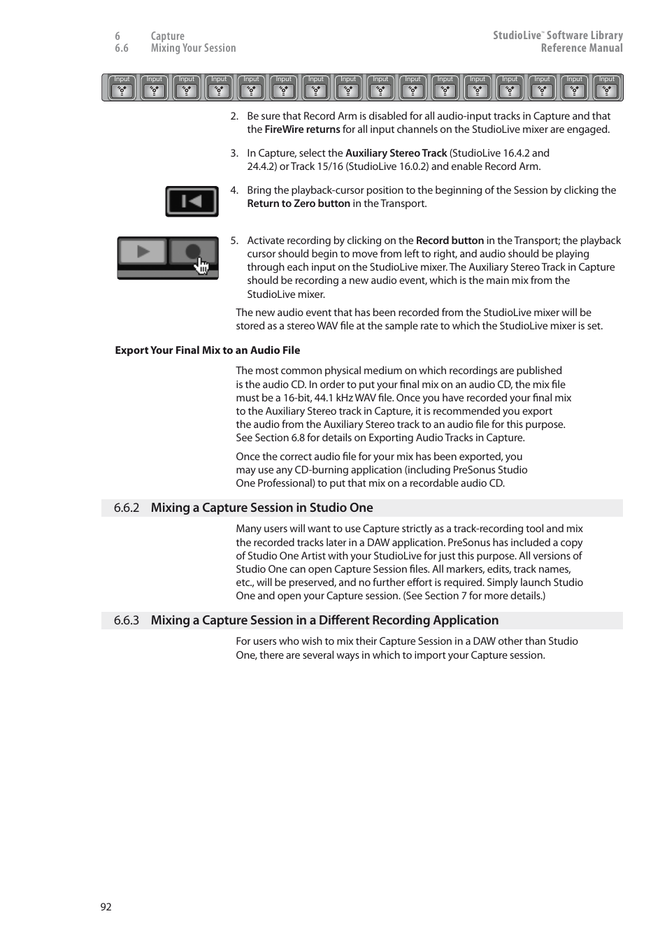 2 mixing a capture session, In studio one — 92, 3 mixing a capture session in | A different recording application — 92, 2 mixing a capture session in studio one, 6 capture 6.6 mixing your session studiolive, Software library reference manual | PreSonus StudioLive 24.4.2 User Manual | Page 96 / 150