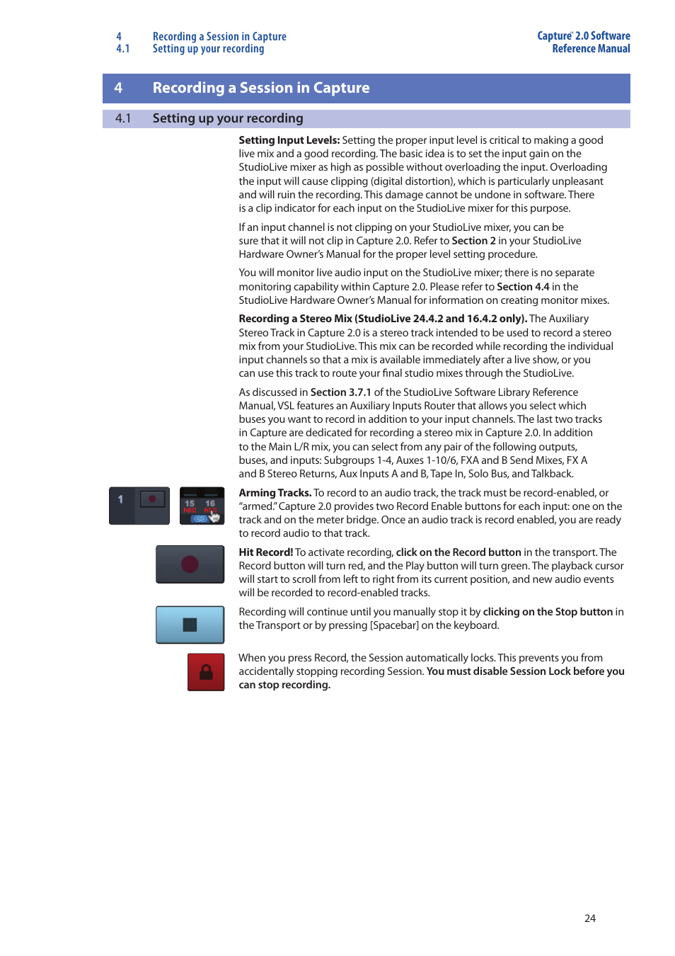 Recording a session, In capture — 24, Setting up your recording — 24 | 4recording a session in capture | PreSonus StudioLive 16.0.2 User Manual | Page 26 / 38