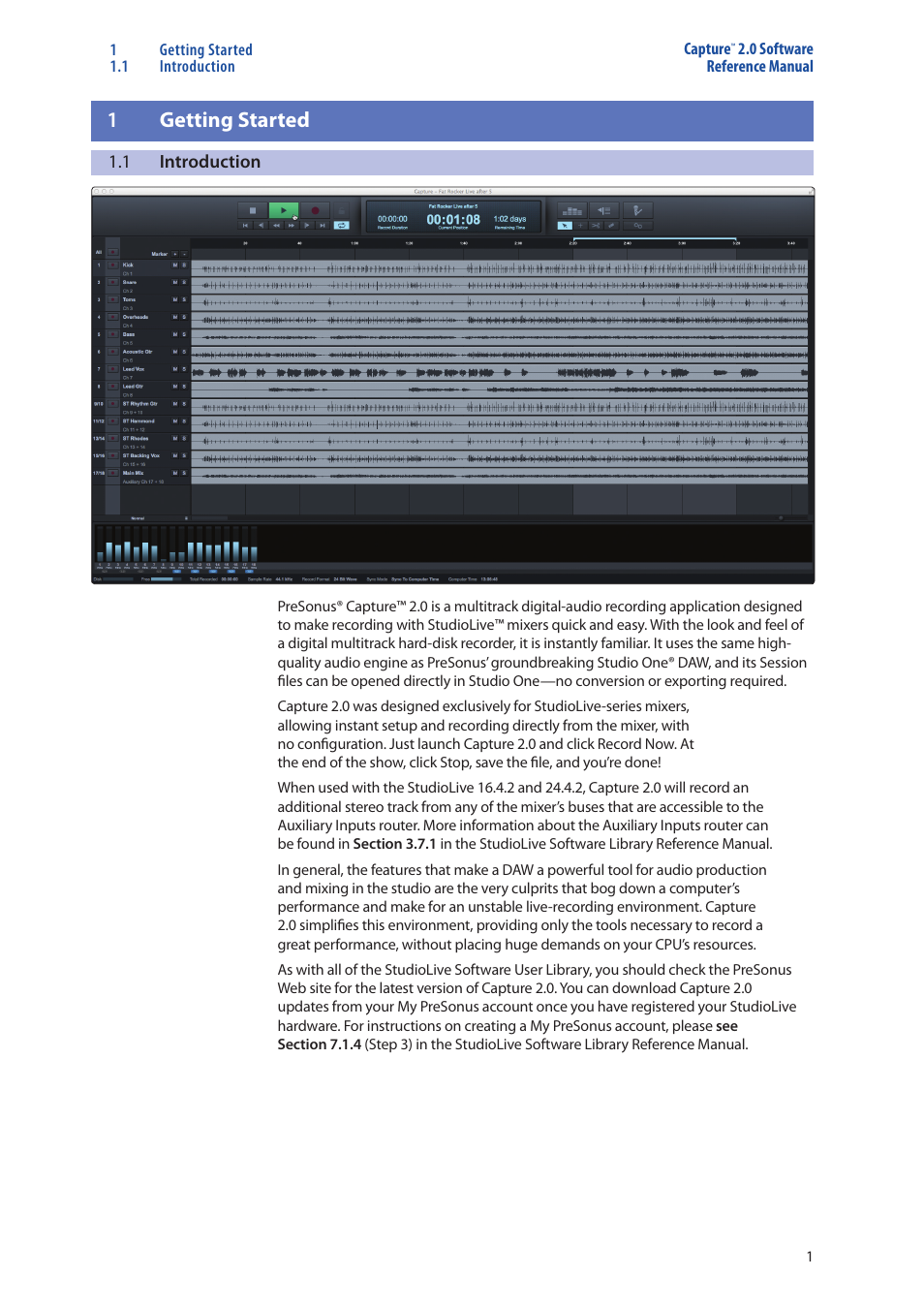 Getting started — 1, Introduction — 1, 1getting started | PreSonus StudioLive 16.0.2 User Manual | Page 3 / 38