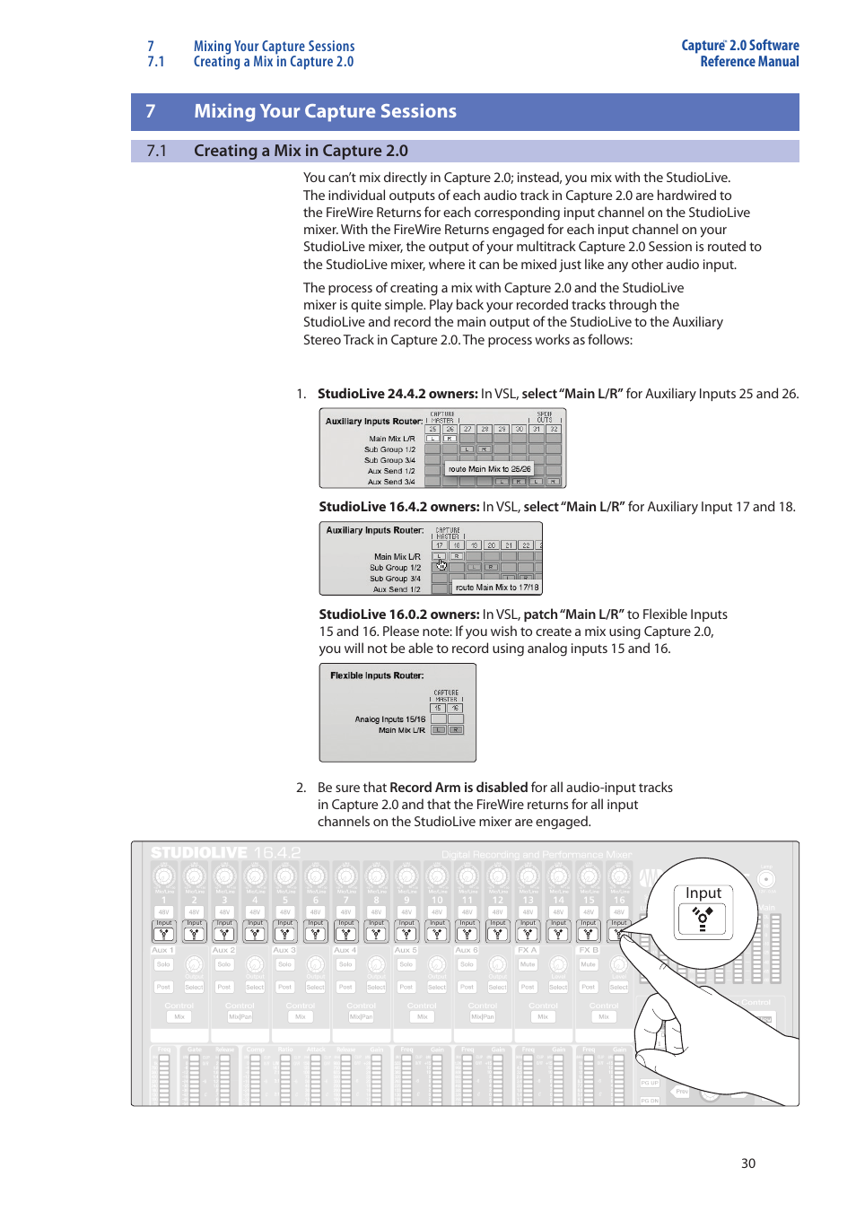 Mixing your capture sessions — 30, Creating a mix in capture 2.0 — 30, 7mixing your capture sessions | 1 creating a mix in capture 2.0, 0 software reference manual, Input | PreSonus StudioLive 16.0.2 User Manual | Page 32 / 38