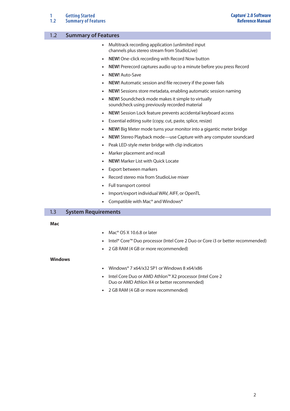 Summary of features — 2, System requirements — 2 | PreSonus StudioLive 16.0.2 User Manual | Page 4 / 38