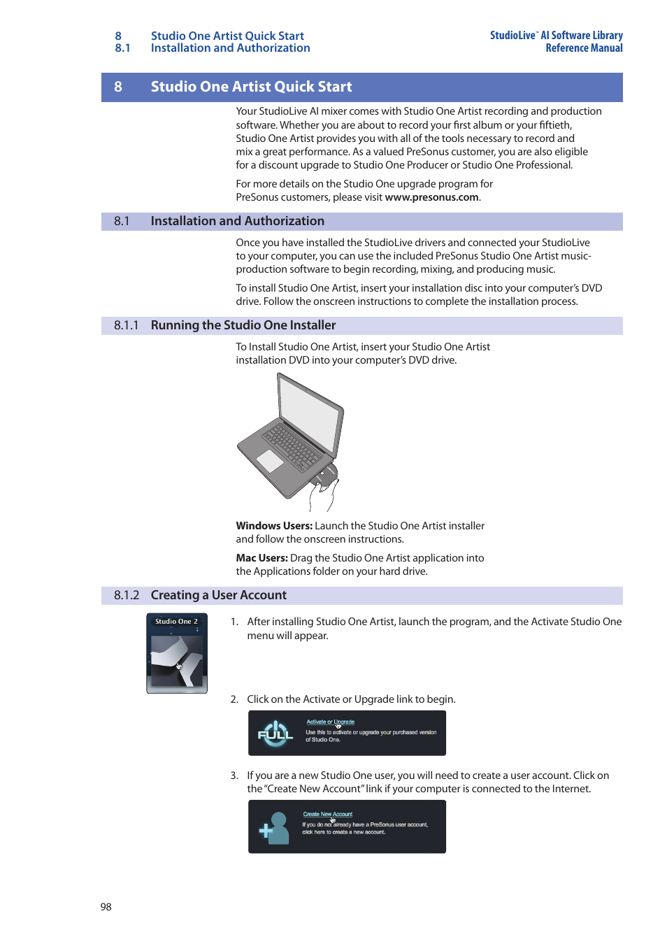 8 studio one artist quick start, 1 installation and authorization, 1 running the studio one installer | 2 creating a user account, Studio one artist quick start — 98, Installation and authorization — 98, 1 running the studio one installer — 98, 2 creating a user account — 98, 8studio one artist quick start | PreSonus StudioLive AI Series User Manual | Page 102 / 120
