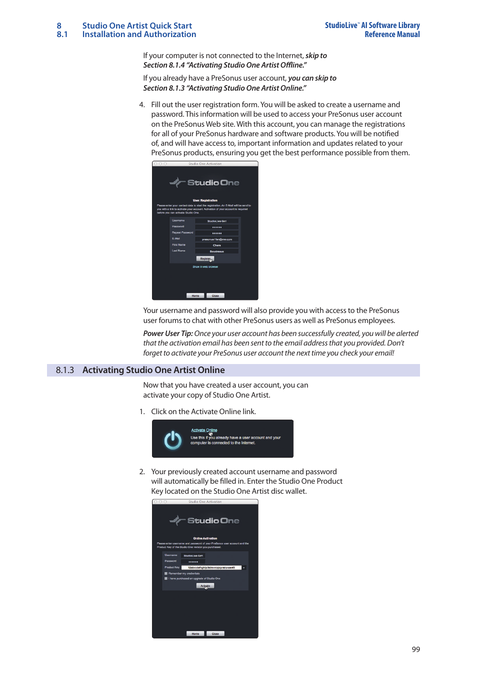 3 activating studio one artist online, 3 activating studio one, Artist online — 99 | PreSonus StudioLive AI Series User Manual | Page 103 / 120