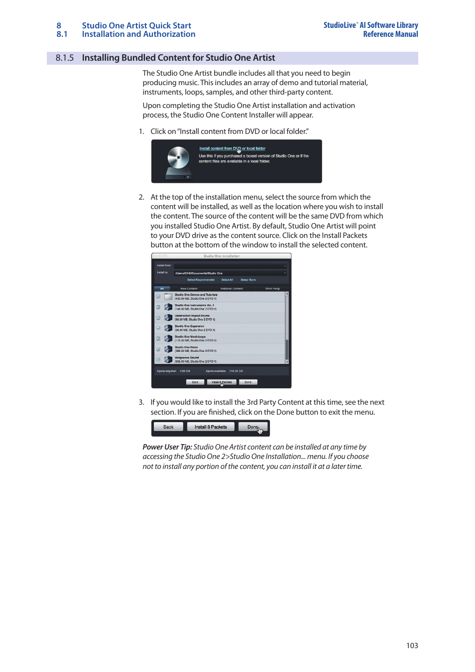 5 installing bundled content for studio one artist, 5 installing bundled content, For studio one artist — 103 | PreSonus StudioLive AI Series User Manual | Page 107 / 120