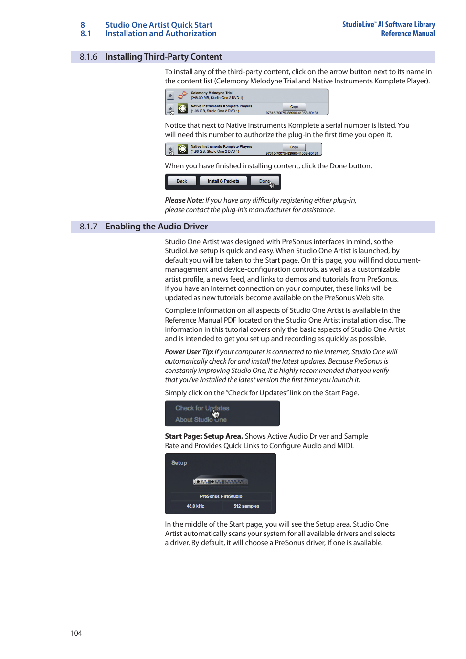 6 installing third-party content, 7 enabling the audio driver, 6 installing third-party content — 104 | 7 enabling the audio driver — 104 | PreSonus StudioLive AI Series User Manual | Page 108 / 120