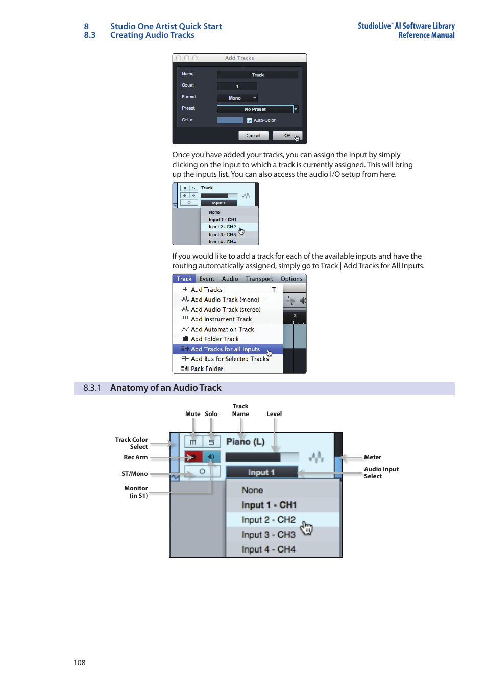 1 anatomy of an audio track, 1 anatomy of an audio track — 108 | PreSonus StudioLive AI Series User Manual | Page 112 / 120