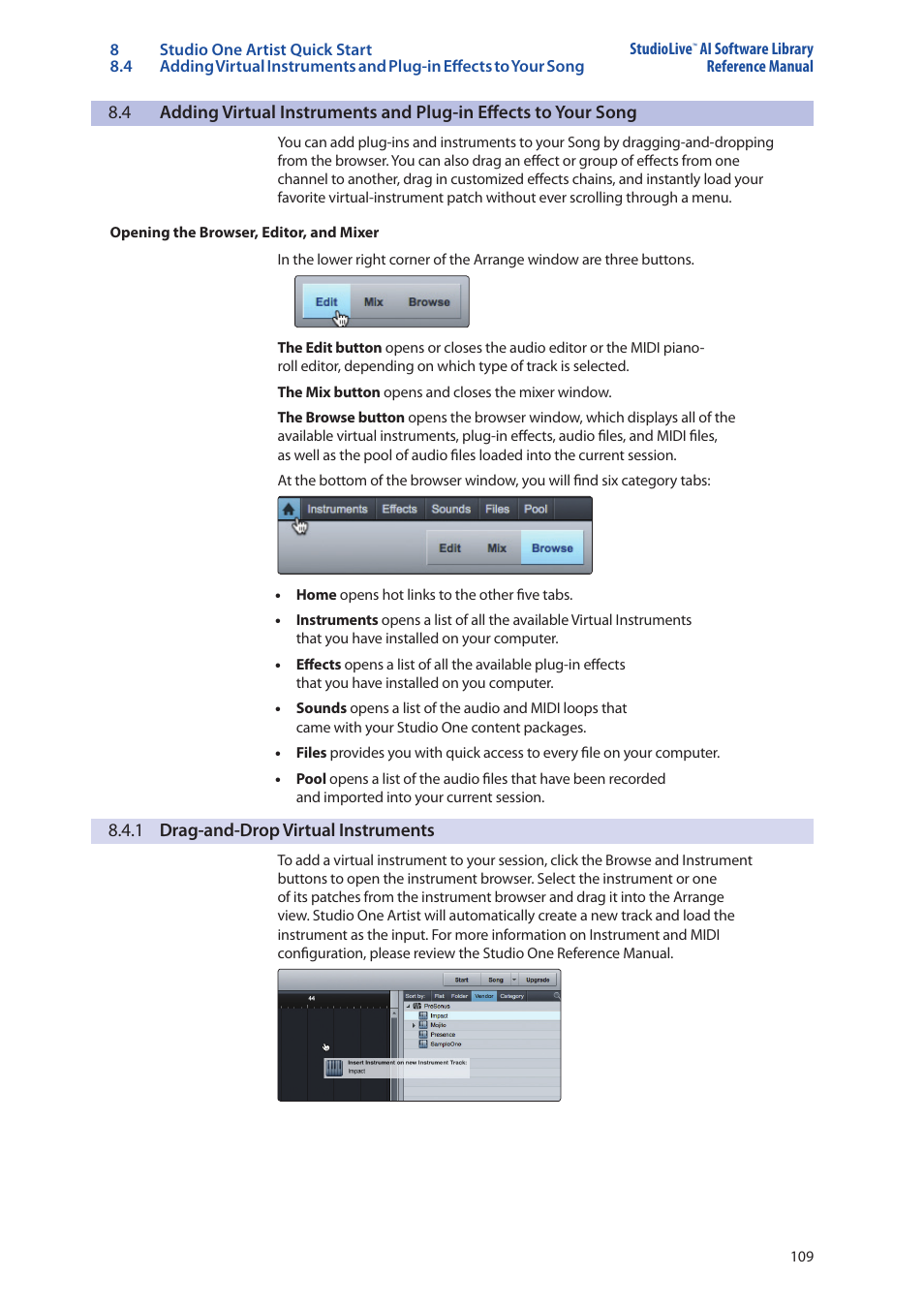 1 drag-and-drop virtual instruments, 1 drag-and-drop virtual, Instruments — 109 | PreSonus StudioLive AI Series User Manual | Page 113 / 120