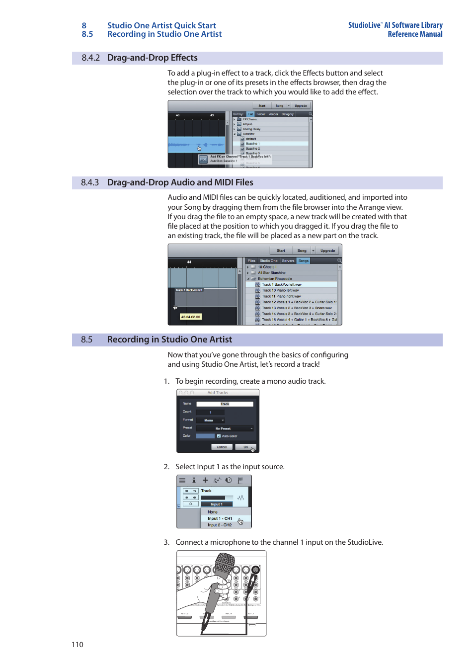2 drag-and-drop effects, 3 drag-and-drop audio and midi files, 5 recording in studio one artist | 2 drag-and-drop effects — 110, 3 drag-and-drop audio, And midi files — 110, Recording in studio one artist — 110 | PreSonus StudioLive AI Series User Manual | Page 114 / 120