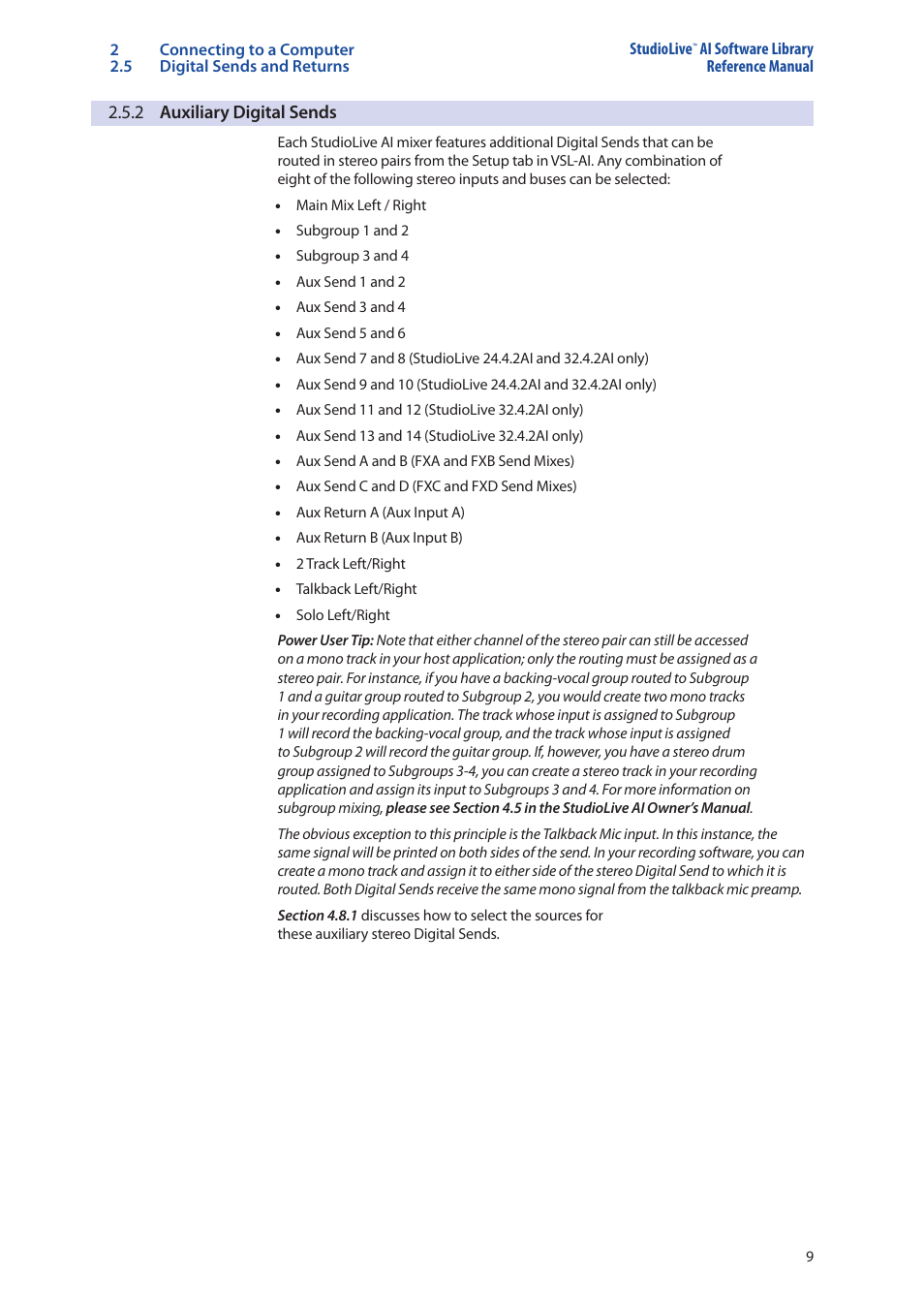 2 auxiliary digital sends, 2 auxiliary digital sends — 9 | PreSonus StudioLive AI Series User Manual | Page 13 / 120