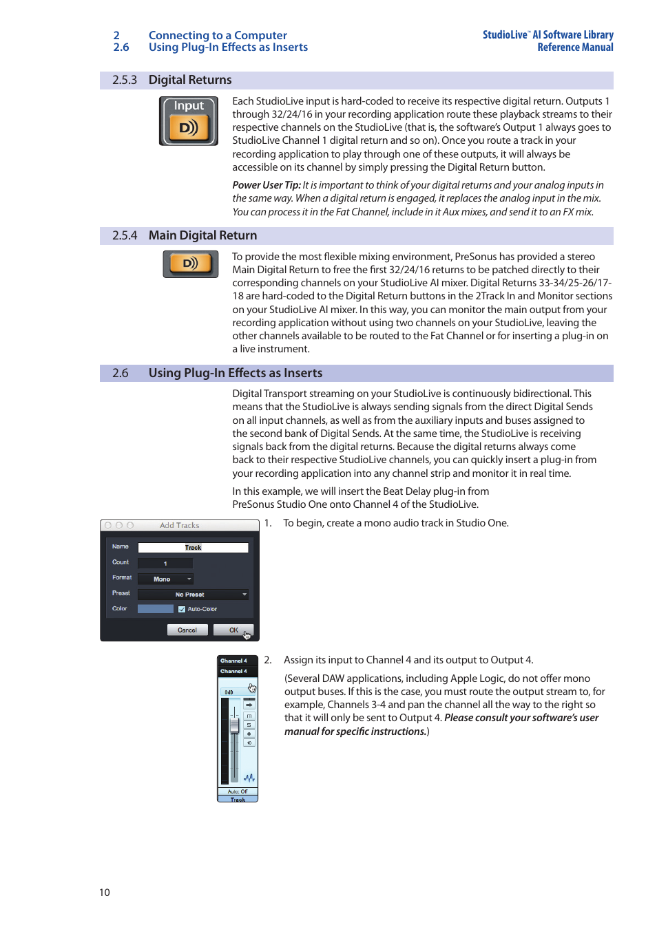 3 digital returns, 4 main digital return, 6 using plug-in effects as inserts | 3 digital returns — 10, 4 main digital return — 10, Using plug-in effects as inserts — 10 | PreSonus StudioLive AI Series User Manual | Page 14 / 120
