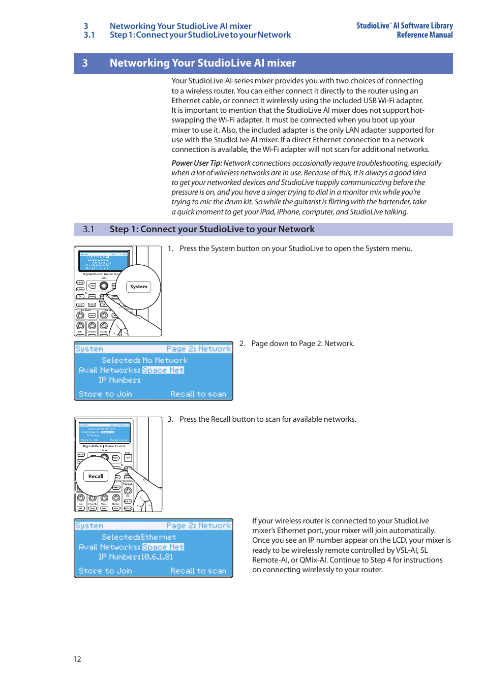 3 networking your studiolive ai mixer, 1 step 1: connect your studiolive to your network, Networking your | Studiolive ai mixer — 12, 3networking your studiolive ai mixer | PreSonus StudioLive AI Series User Manual | Page 16 / 120