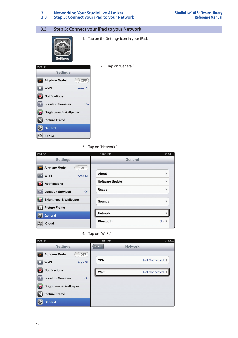3 step 3: connect your ipad to your network, Step 3: connect your ipad to your network — 14 | PreSonus StudioLive AI Series User Manual | Page 18 / 120