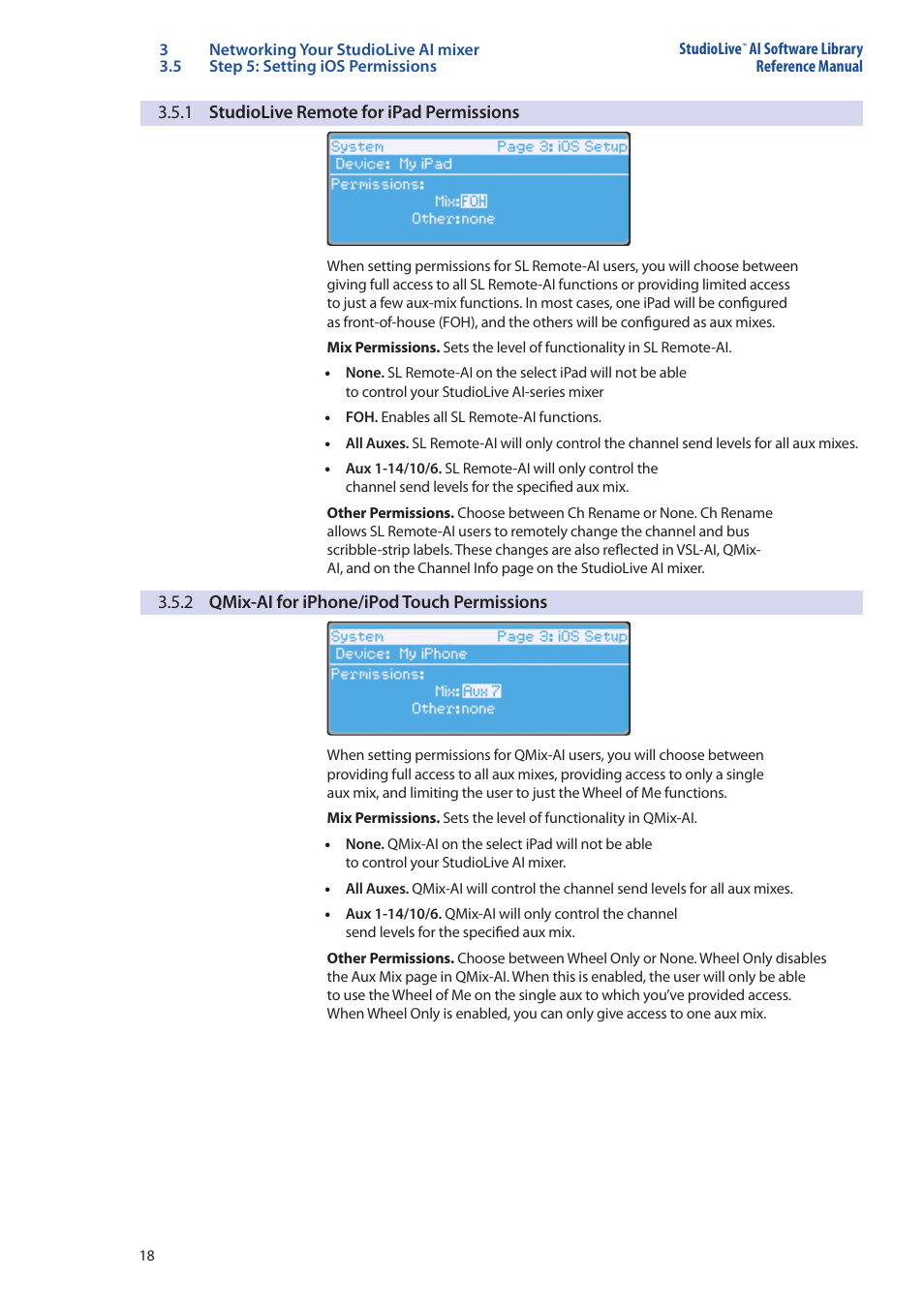 1 studiolive remote for ipad permissions, 2 qmix-ai for iphone/ipod touch permissions, 1 studiolive remote | For ipad permissions — 18, 2 qmix-ai for iphone/ipod touch, Permissions — 18 | PreSonus StudioLive AI Series User Manual | Page 22 / 120