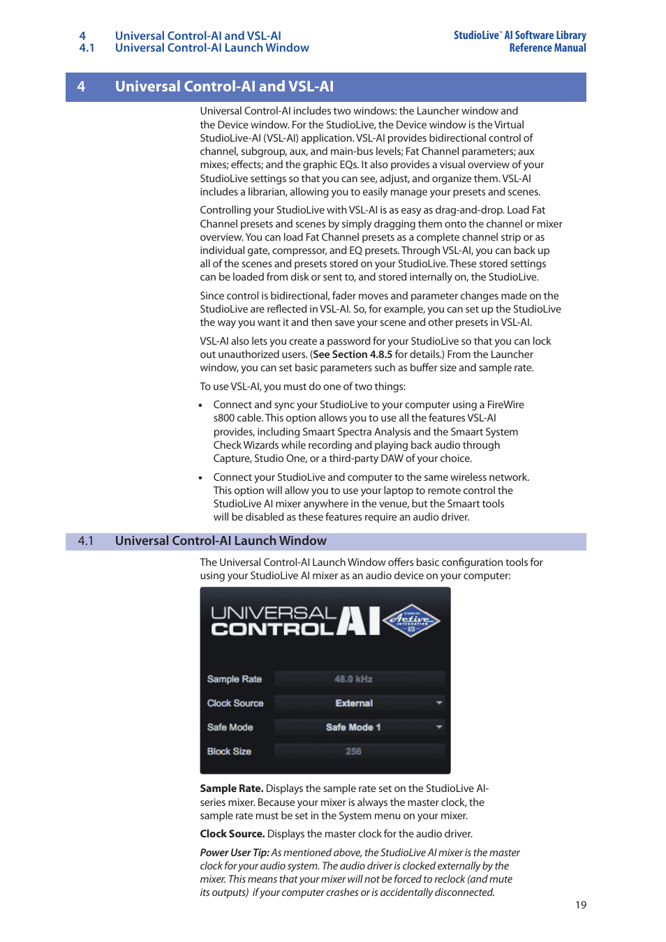 4 universal control-ai and vsl-ai, 1 universal control-ai launch window, Universal control-ai | And vsl-ai — 19, Universal control-ai launch window — 19, 4universal control-ai and vsl-ai | PreSonus StudioLive AI Series User Manual | Page 23 / 120