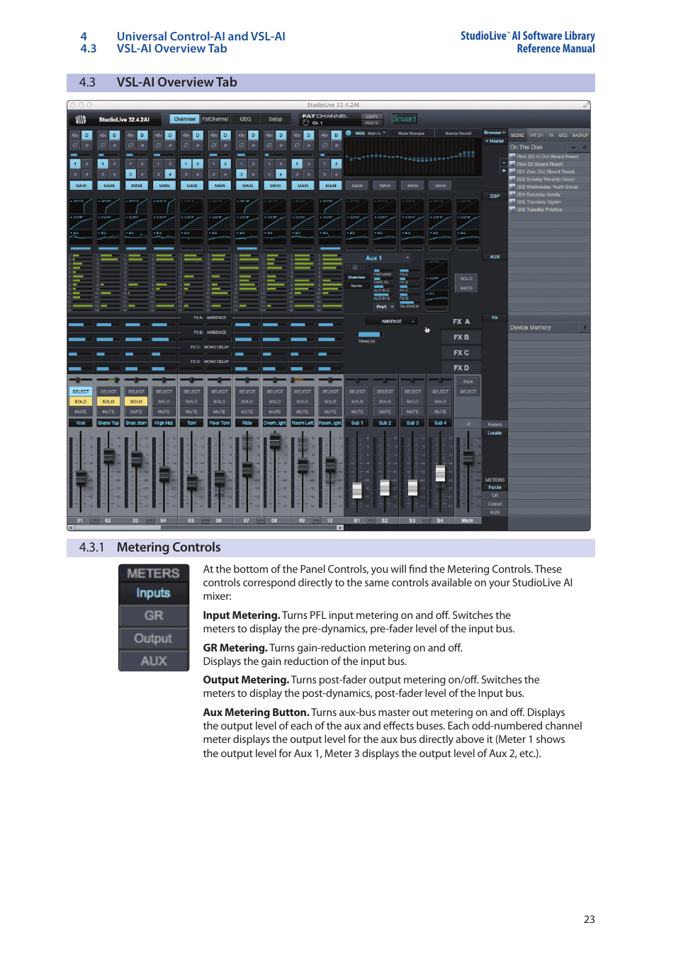 3 vsl-ai overview tab, 1 metering controls, Vsl-ai overview tab — 23 | 1 metering controls — 23 | PreSonus StudioLive AI Series User Manual | Page 27 / 120