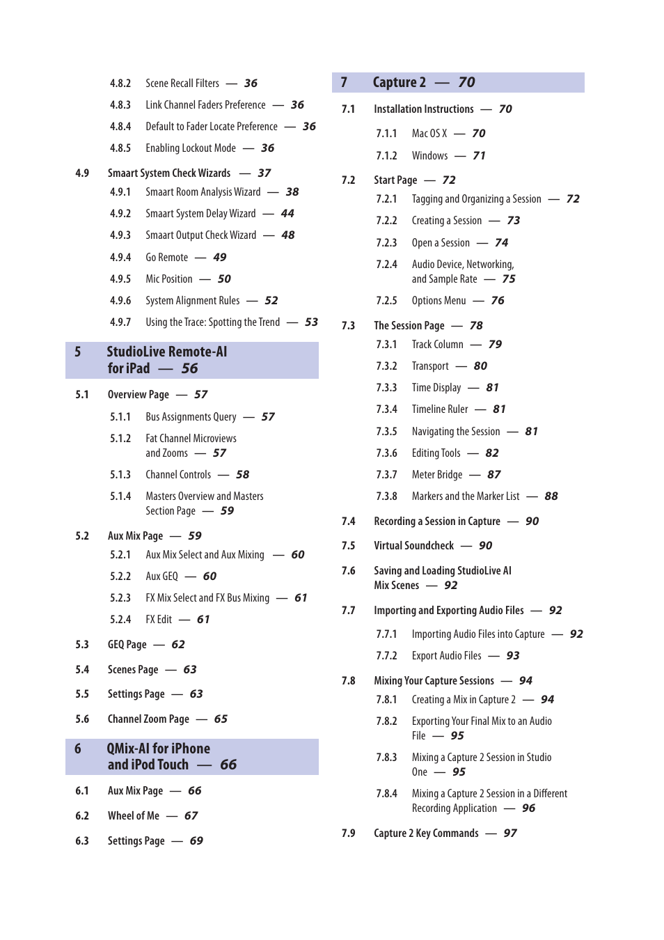 5studiolive remote-ai for ipad — 56, 6qmix-ai for iphone and ipod touch — 66, 7capture 2 — 70 | PreSonus StudioLive AI Series User Manual | Page 3 / 120