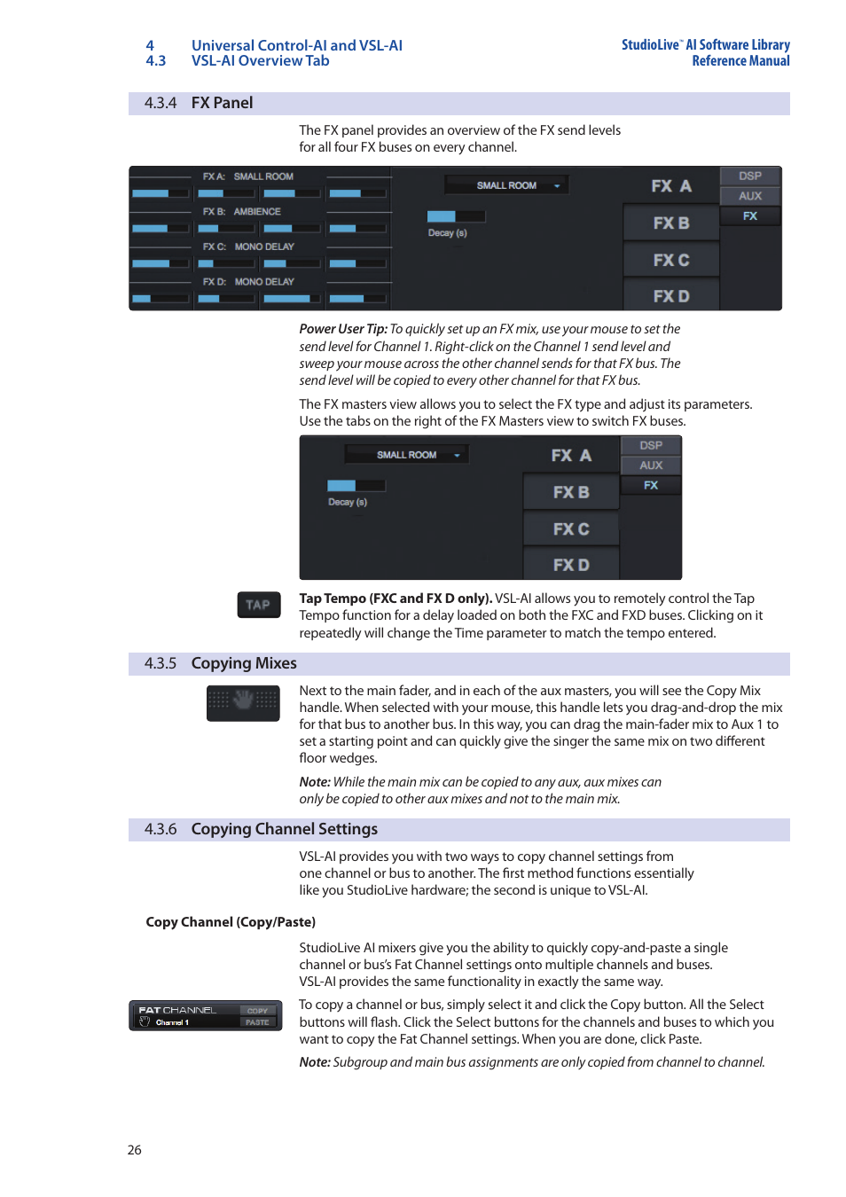 4 fx panel, 5 copying mixes, 6 copying channel settings | 4 fx panel — 26, 5 copying mixes — 26, 6 copying channel settings — 26 | PreSonus StudioLive AI Series User Manual | Page 30 / 120