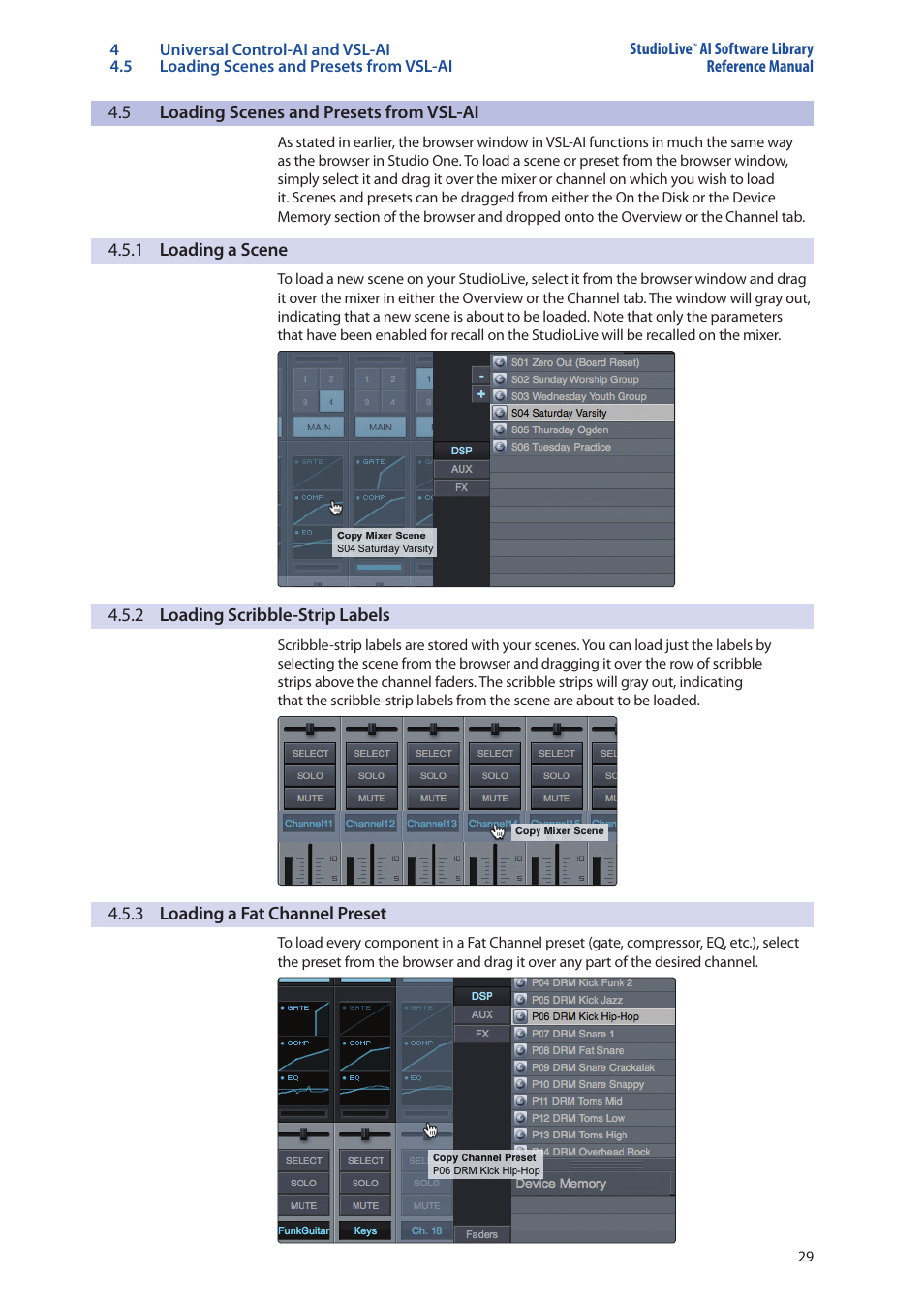 5 loading scenes and presets from vsl-ai, 1 loading a scene, 2 loading scribble-strip labels | 3 loading a fat channel preset, Loading scenes and presets from vsl-ai — 29, 1 loading a scene — 29, 2 loading scribble-strip labels — 29, 3 loading a fat channel preset — 29 | PreSonus StudioLive AI Series User Manual | Page 33 / 120