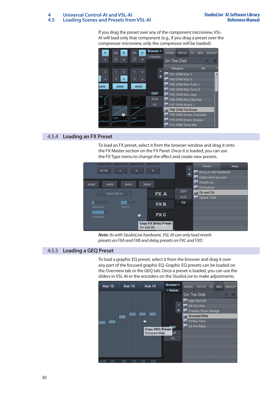 4 loading an fx preset, 5 loading a geq preset, 4 loading an fx preset — 30 | 5 loading a geq preset — 30 | PreSonus StudioLive AI Series User Manual | Page 34 / 120