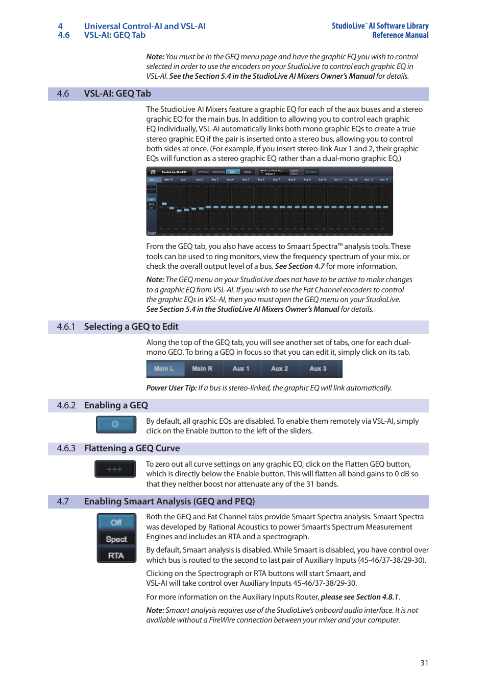 6 vsl-ai: geq tab, 1 selecting a geq to edit, 2 enabling a geq | 3 flattening a geq curve, 7 enabling smaart analysis (geq and peq), Vsl-ai: geq tab — 31, 1 selecting a geq to edit — 31, 2 enabling a geq — 31, 3 flattening a geq curve — 31, Enabling smaart analysis (geq and peq) — 31 | PreSonus StudioLive AI Series User Manual | Page 35 / 120