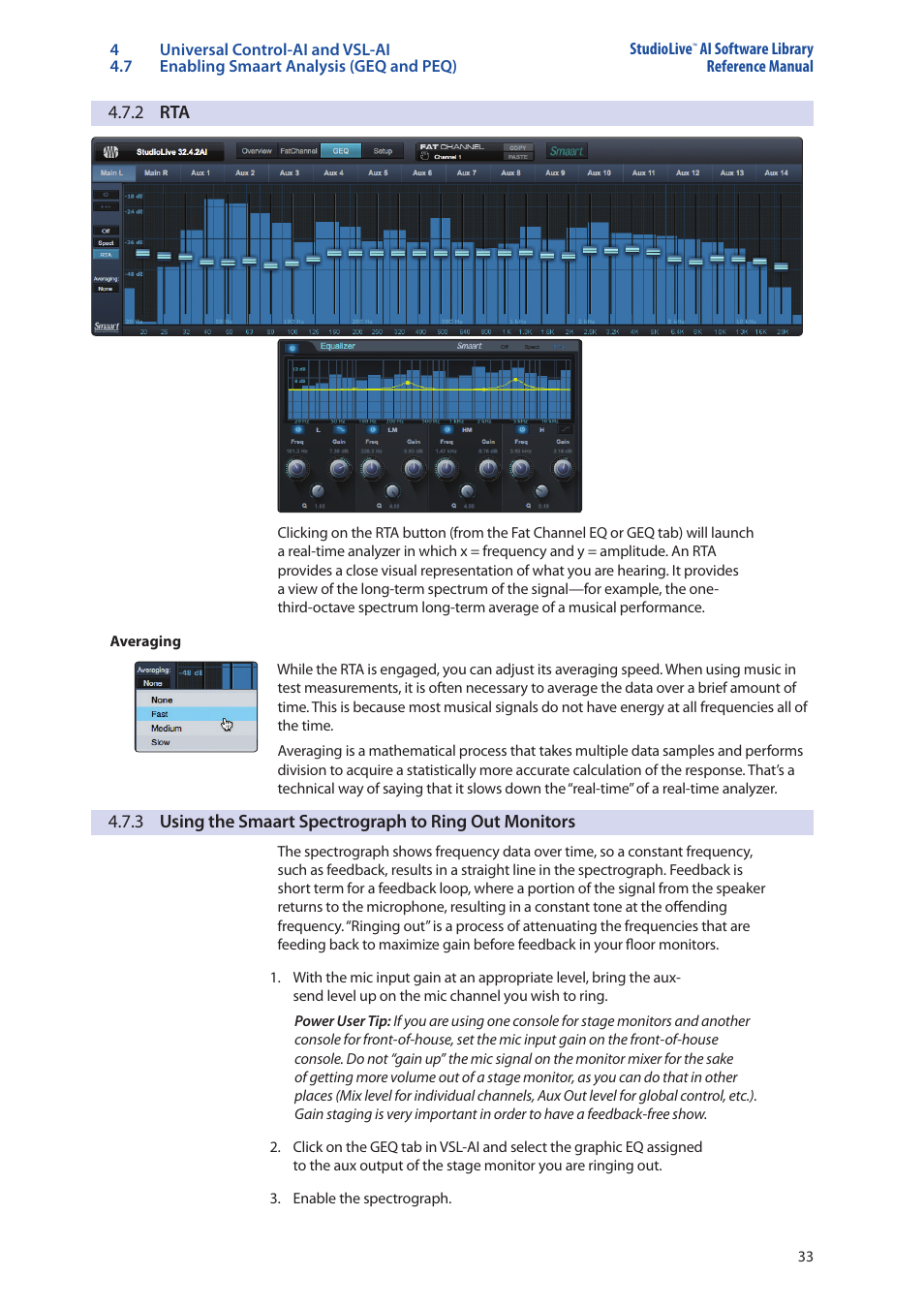 2 rta, 2 rta — 33, 3 using the smaart spectrograph | To ring out monitors — 33 | PreSonus StudioLive AI Series User Manual | Page 37 / 120