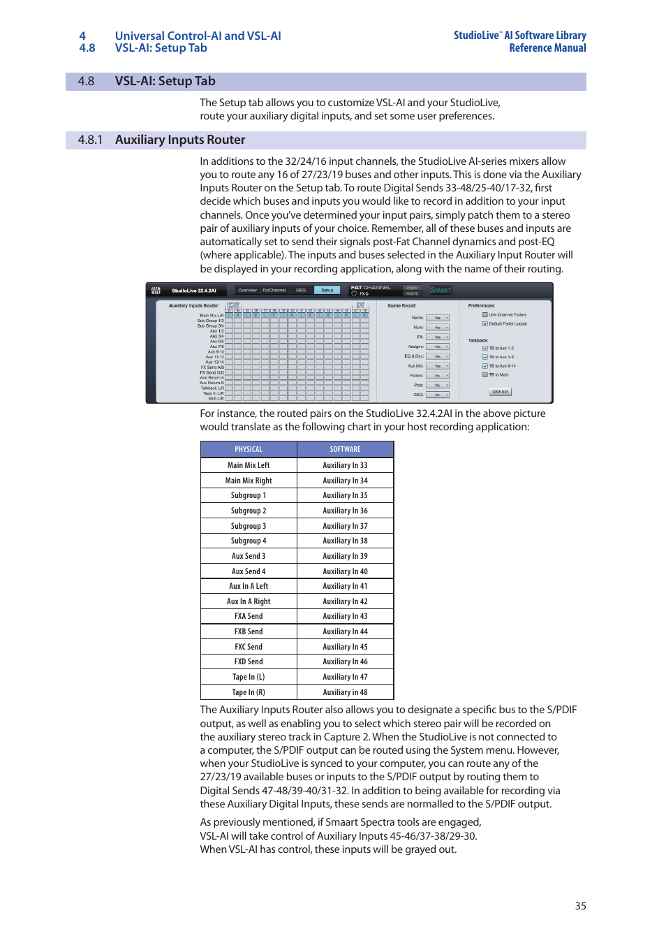 8 vsl-ai: setup tab, 1 auxiliary inputs router, Vsl-ai: setup tab — 35 | 1 auxiliary inputs router — 35, Ai software library reference manual | PreSonus StudioLive AI Series User Manual | Page 39 / 120