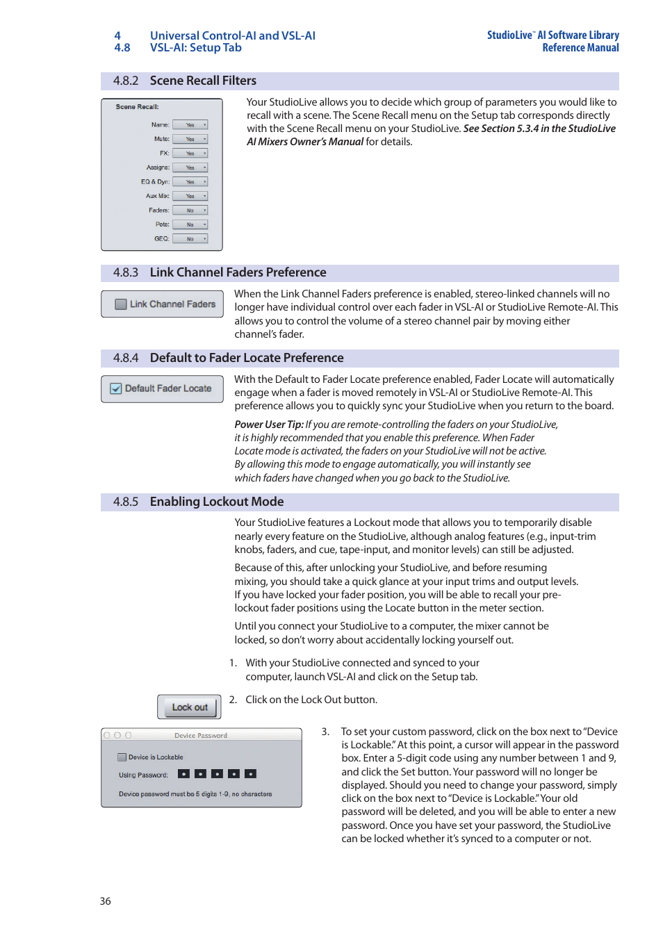 2 scene recall filters, 3 link channel faders preference, 4 default to fader locate preference | 5 enabling lockout mode, 2 scene recall filters — 36, 3 link channel faders preference — 36, 4 default to fader locate preference — 36, 5 enabling lockout mode — 36 | PreSonus StudioLive AI Series User Manual | Page 40 / 120