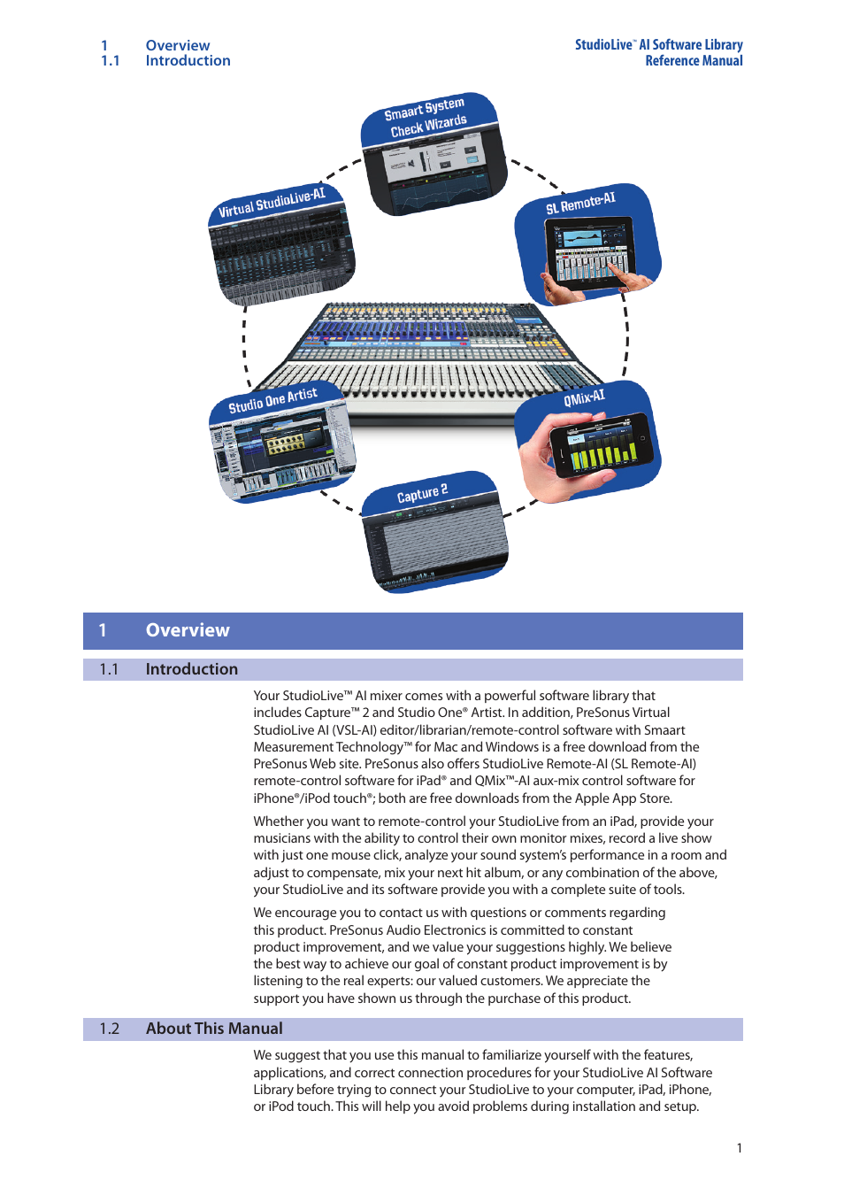 1 overview, 1 introduction, 2 about this manual | 1 overview — 1, Introduction — 1, About this manual — 1 | PreSonus StudioLive AI Series User Manual | Page 5 / 120