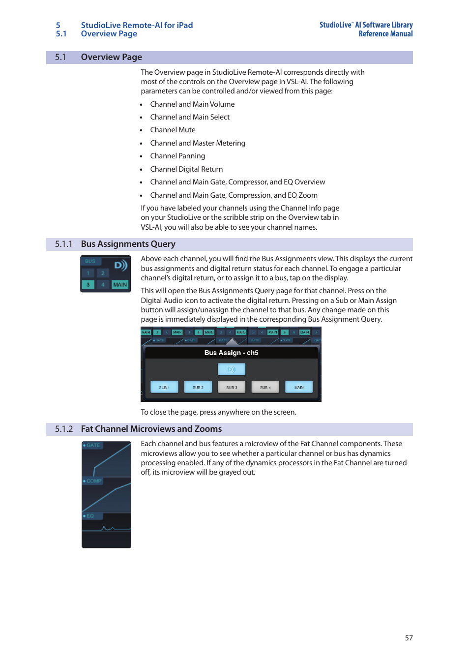 1 bus assignments query, 2 fat channel microviews and zooms, 1 bus assignments query — 57 | 2 fat channel microviews, And zooms — 57 | PreSonus StudioLive AI Series User Manual | Page 61 / 120