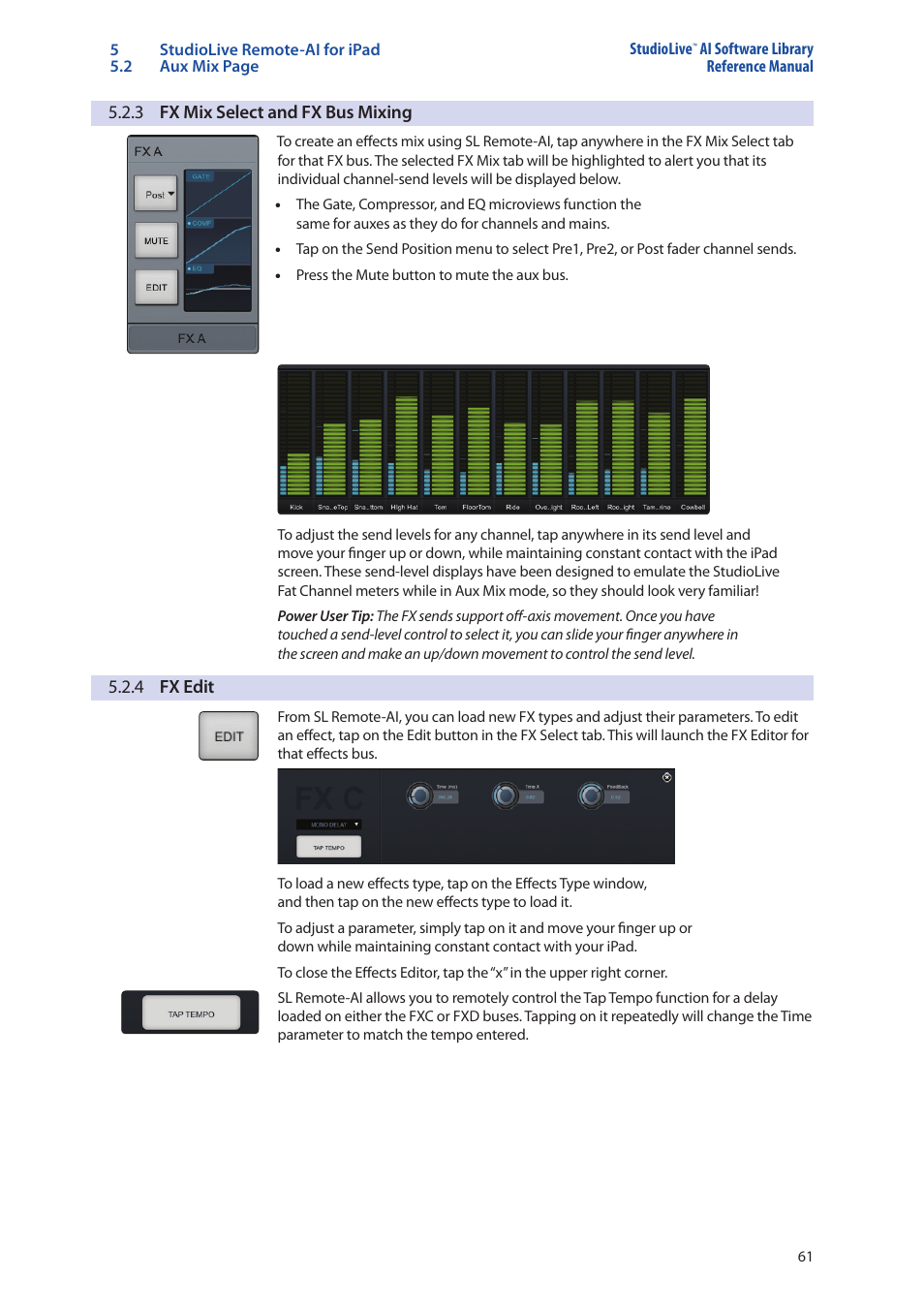 3 fx mix select and fx bus mixing, 4 fx edit, 3 fx mix select and fx bus mixing — 61 | 4 fx edit — 61 | PreSonus StudioLive AI Series User Manual | Page 65 / 120