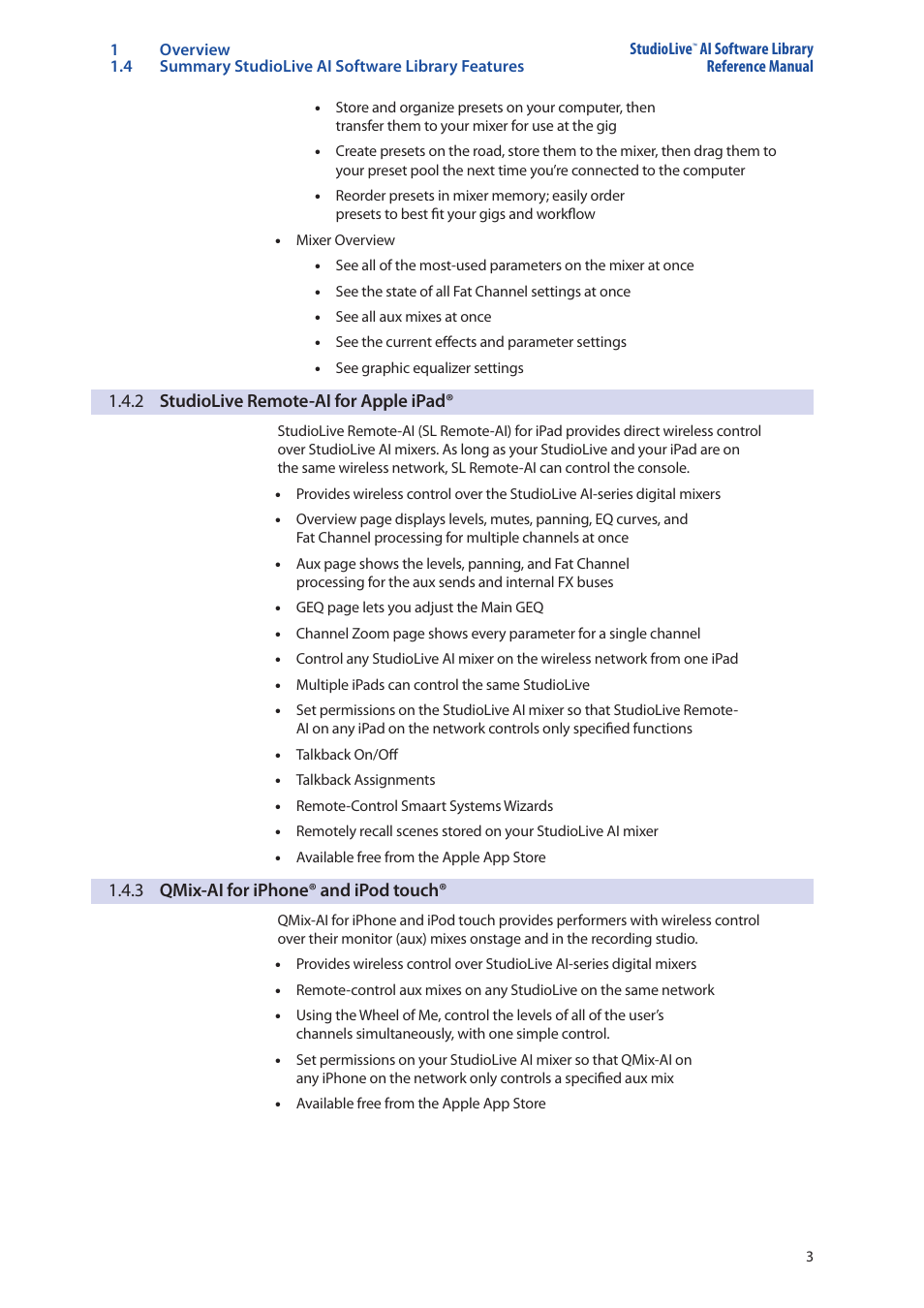 2 studiolive remote-ai for apple ipad, 3 qmix-ai for iphone® and ipod touch, 2 studiolive remote-ai | For apple ipad® — 3, 3 qmix-ai for iphone, And ipod touch® — 3 | PreSonus StudioLive AI Series User Manual | Page 7 / 120