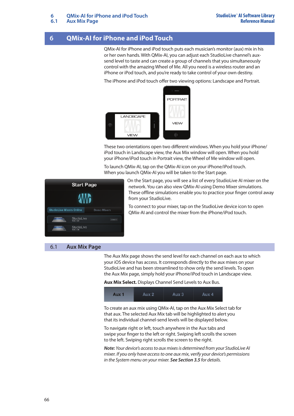6 qmix-ai for iphone and ipod touch, Qmix-ai for iphone, And ipod touch — 66 | 6qmix-ai for iphone and ipod touch | PreSonus StudioLive AI Series User Manual | Page 70 / 120