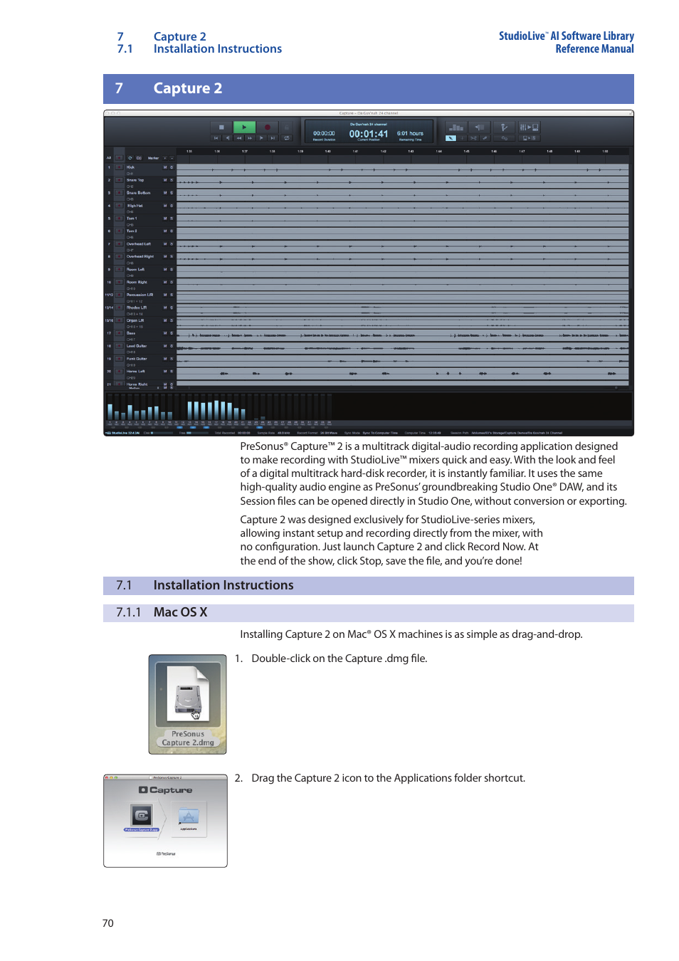 7 capture 2, 1 installation instructions, 1 mac os x | Capture 2 — 70, Installation instructions — 70, 1 mac os x — 70, 7capture 2 | PreSonus StudioLive AI Series User Manual | Page 74 / 120