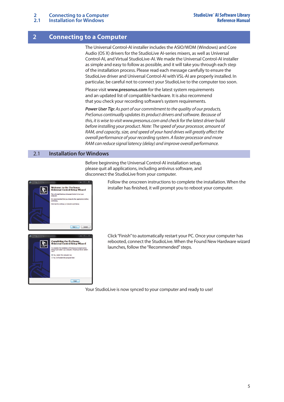 2 connecting to a computer, 1 installation for windows, Connecting to a computer — 5 | Installation for windows — 5, 2connecting to a computer | PreSonus StudioLive AI Series User Manual | Page 9 / 120