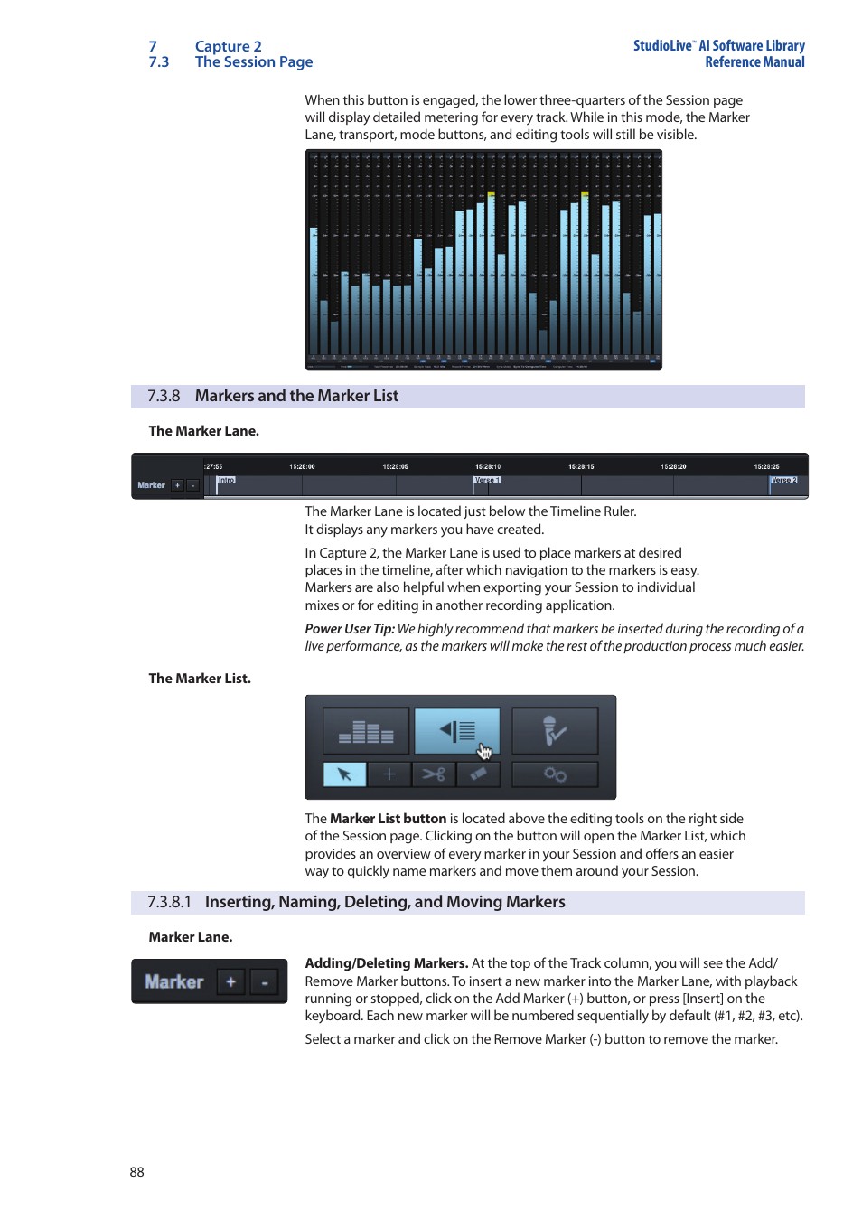 8 markers and the marker list, 8 markers and the marker list — 88 | PreSonus StudioLive AI Series User Manual | Page 92 / 120
