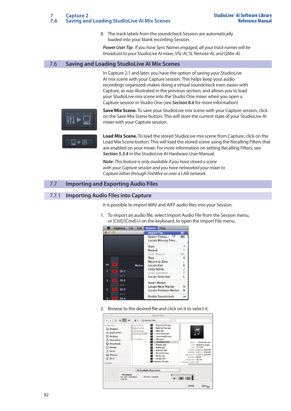 6 saving and loading studiolive ai mix scenes, 7 importing and exporting audio files, 1 importing audio files into capture | Saving and loading studiolive ai mix scenes — 92, Importing and exporting audio files — 92, 1 importing audio files into capture — 92 | PreSonus StudioLive AI Series User Manual | Page 96 / 120