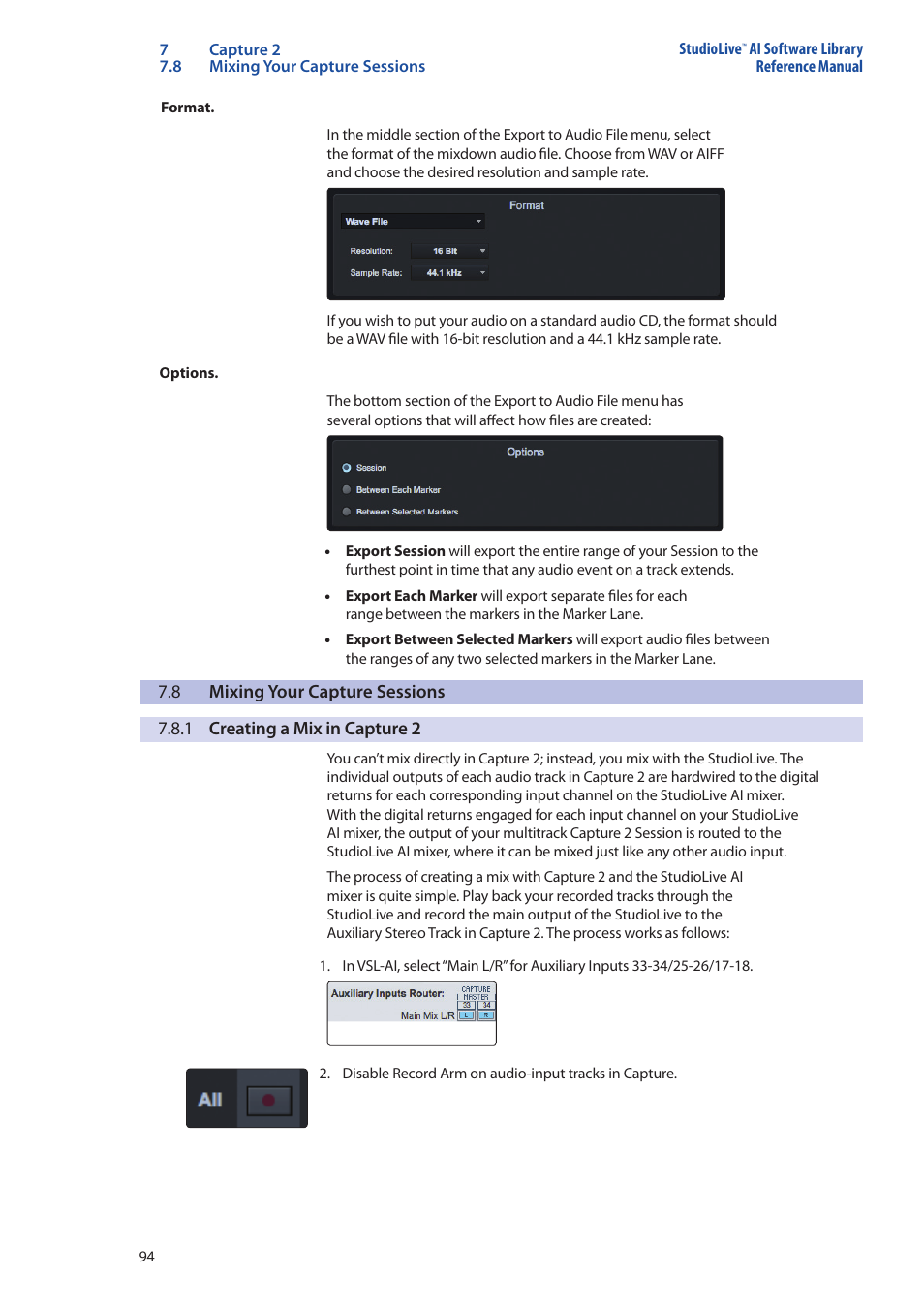 8 mixing your capture sessions, 1 creating a mix in capture 2, Mixing your capture sessions — 94 | 1 creating a mix in capture 2 — 94 | PreSonus StudioLive AI Series User Manual | Page 98 / 120