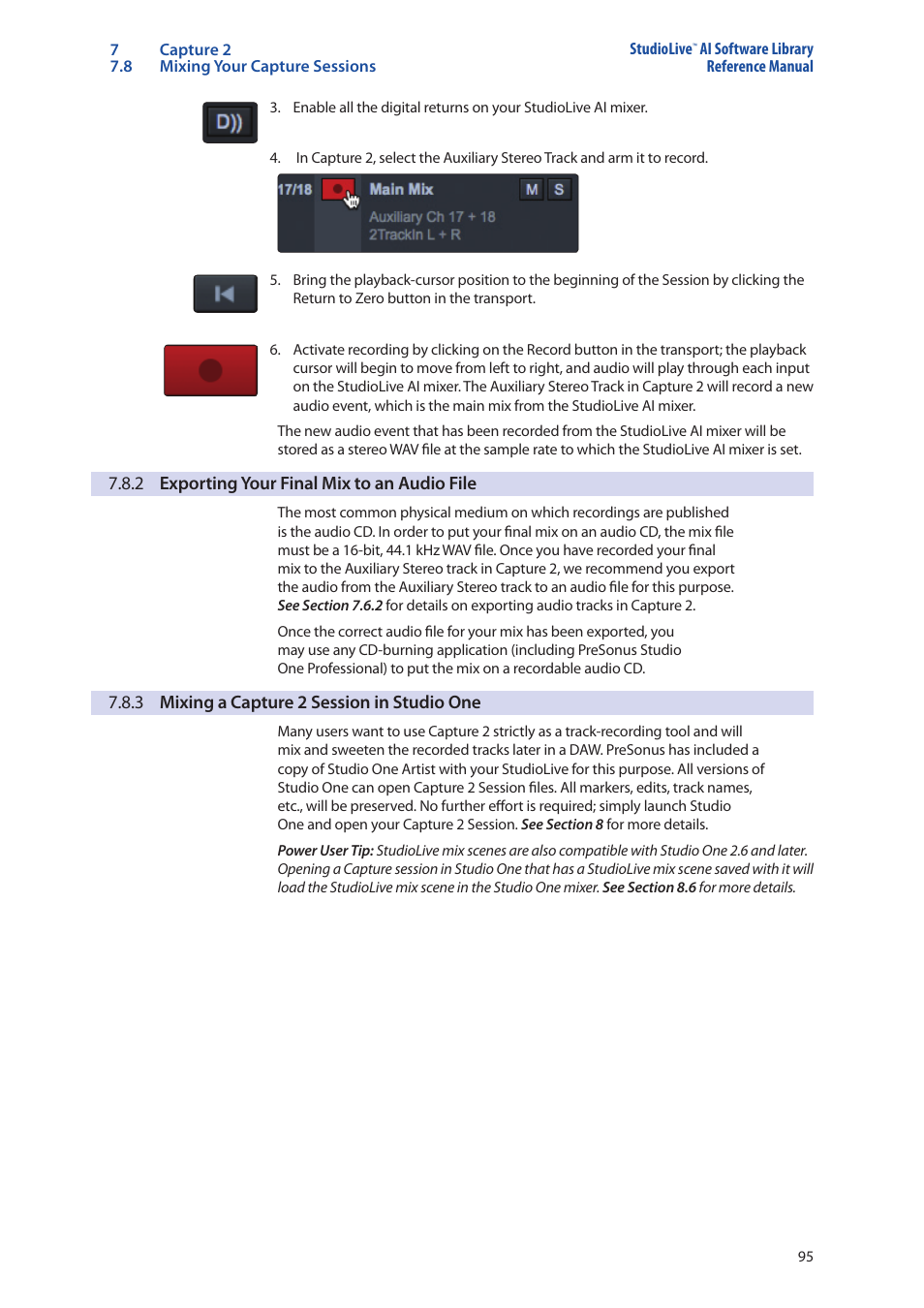 2 exporting your final mix to an audio file, 3 mixing a capture 2 session in studio one, 2 exporting your final mix to an audio | File — 95, 3 mixing a capture 2 session in studio, One — 95 | PreSonus StudioLive AI Series User Manual | Page 99 / 120