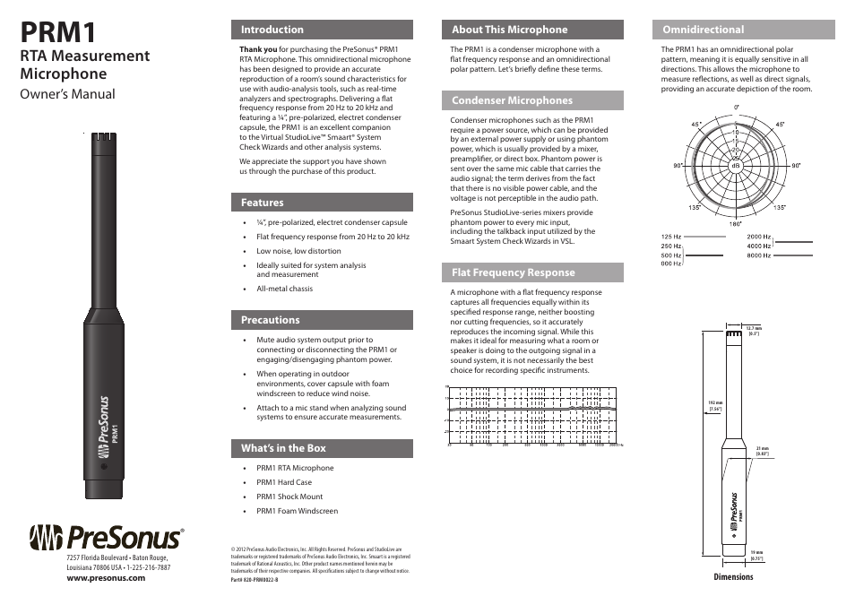 PreSonus PRM1 User Manual | 2 pages