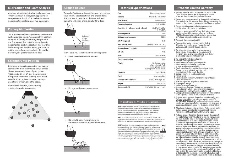 Mic position and room analysis, Primary mic position, Secondary mic position | Ground bounce, Technical specifications, Presonus limited warranty | PreSonus PRM1 User Manual | Page 2 / 2